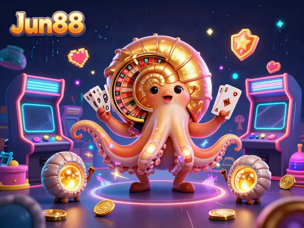 Engage with Jun88's exciting casino atmosphere featuring a giant nautilus roulette wheel and vibrant game elements.