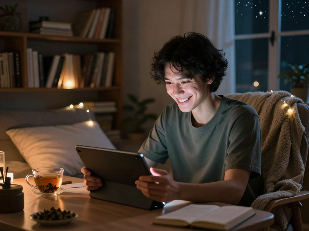 Engaging in an ai nsfw chat in a cozy, inviting room with warm lighting and personal touches.