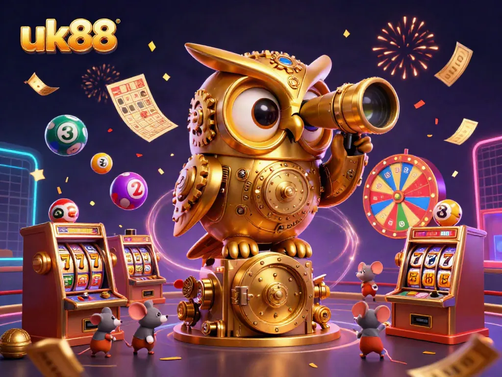 Engage with dynamic uk88 casino experience featuring a clockwork owl, colorful lotto balls, and festive casino elements.