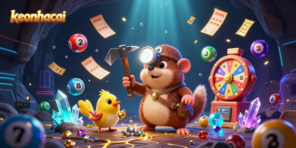 Experience keonhacai excitement with a vibrant scene featuring a treasure hunter mole, colorful lottery balls, and a canary amidst a dazzling casino backdrop.