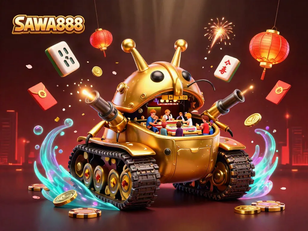 Experience SAWA888's vibrant casino adventure with a golden beetle tank and festive elements.