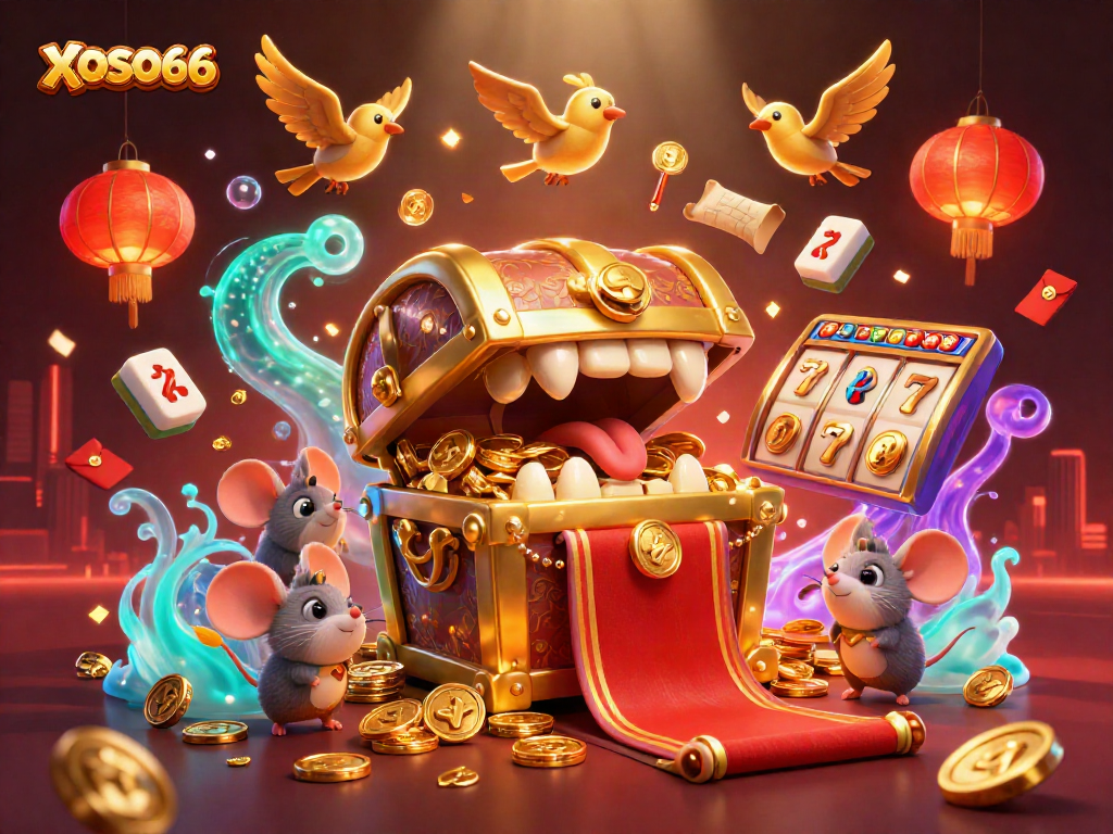 XOSO66 features a vibrant casino illustration with a treasure chest, slot reels, and festive elements.