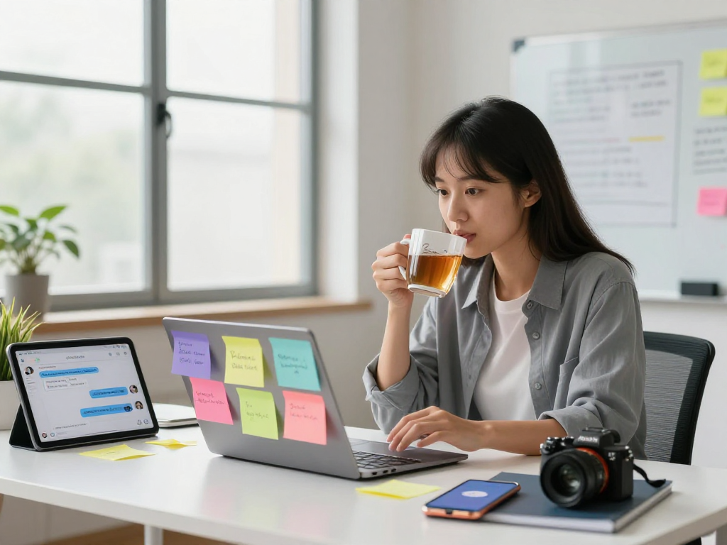 "A professional woman engaging in dynamic online conversations with spicy chat ai technology in a lively workspace."