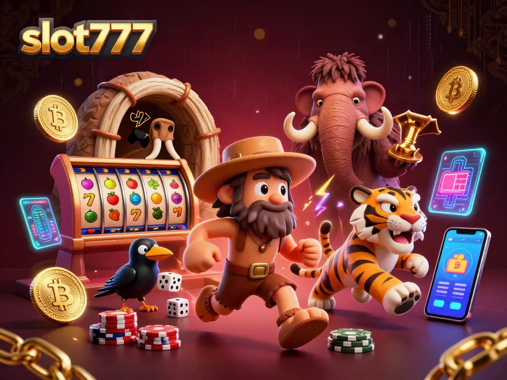 Experience thrilling slot777 gameplay with a caveman and saber-tooth duo in a lively casino.