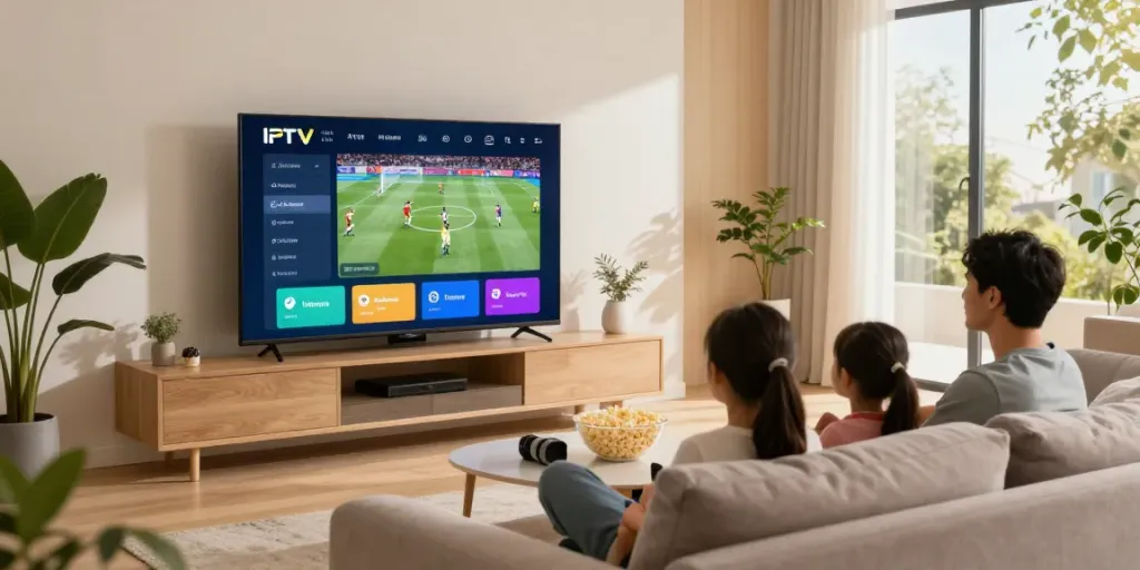 Family enjoying IPTV Italia experience on smart TV in a cozy living room.