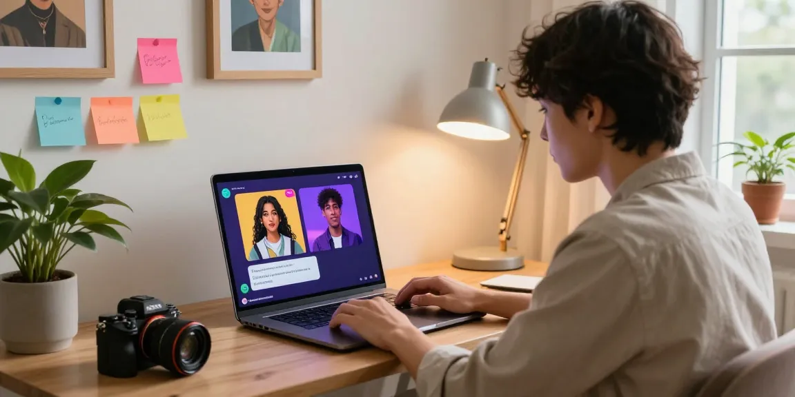 Engaged user exploring sex ai in a cozy home office setting, showcasing vibrant chat dialogues and character avatars.