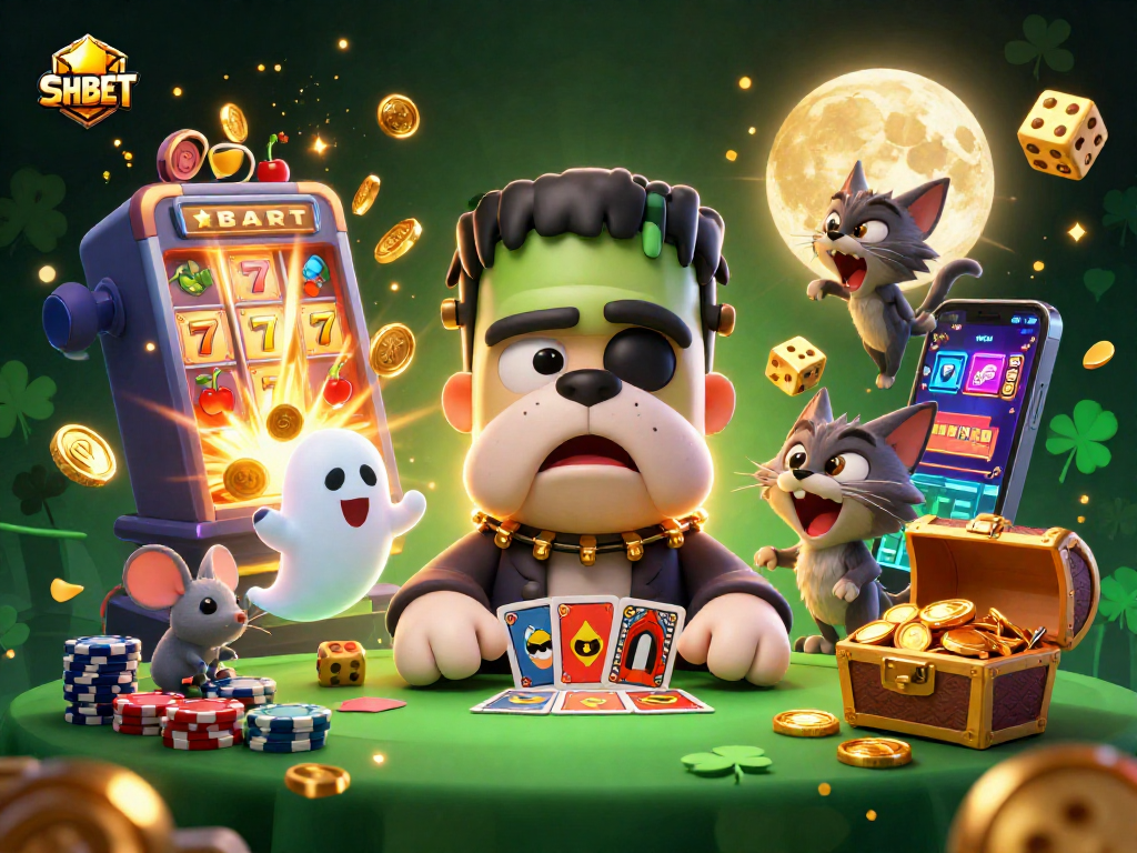 SHBET showcases vibrant 3D casino action with a Frankenstein bulldog monster dealing cards.
