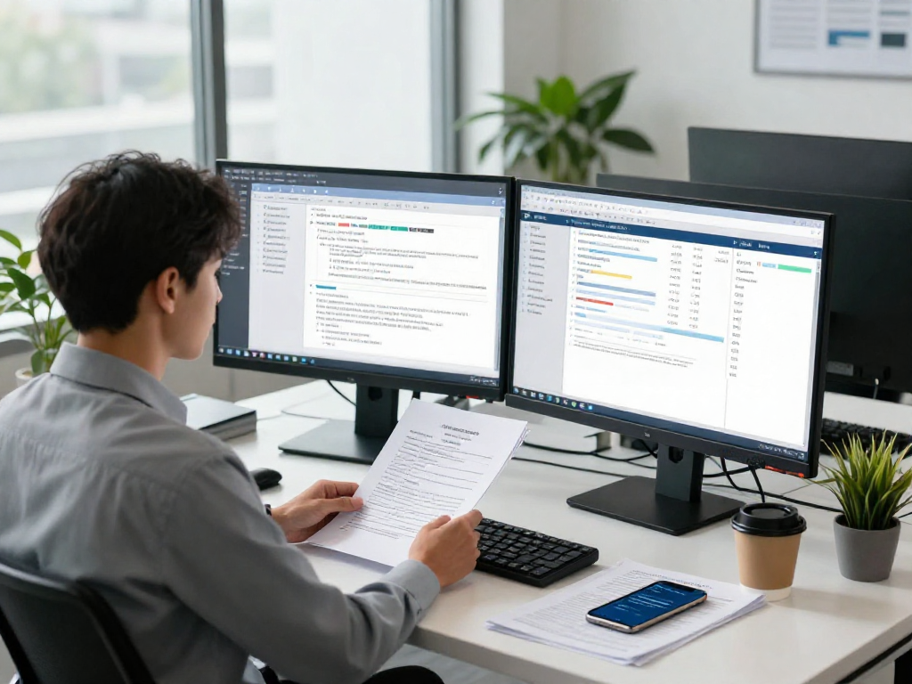 Data analyst reviewing document fraud detection reports in a modern office setting.