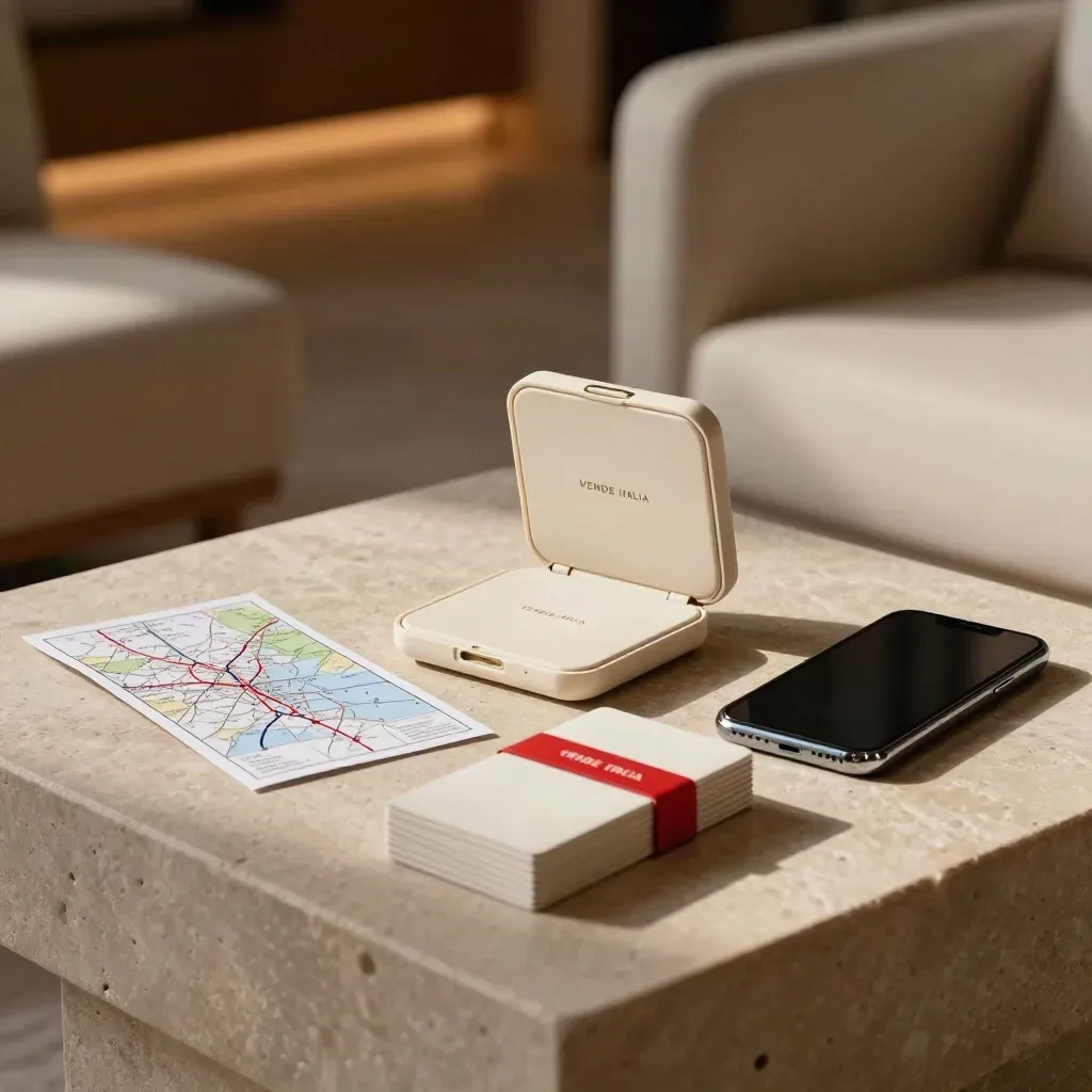 Case di lancio avorio con card mappa, pile di schede e smartphone su tavolo in pietra