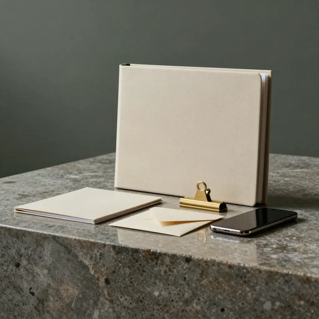 Kit vendite in travertino con cartelle, buste e telefono, luce dopo la pioggia, stile premium.