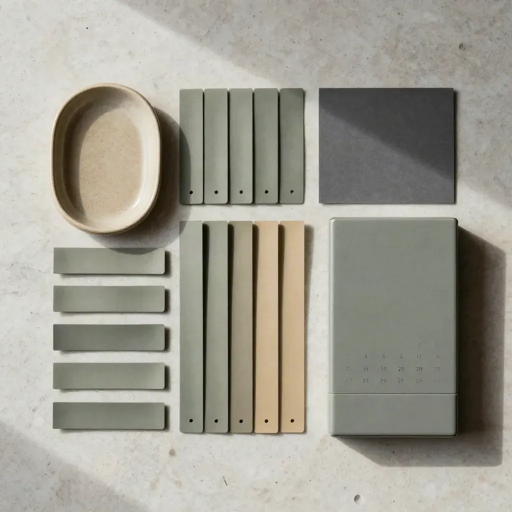 Flat lay del bundle mensile Retainer Veneto con dodici buste, vaschetta e blocco calendario.