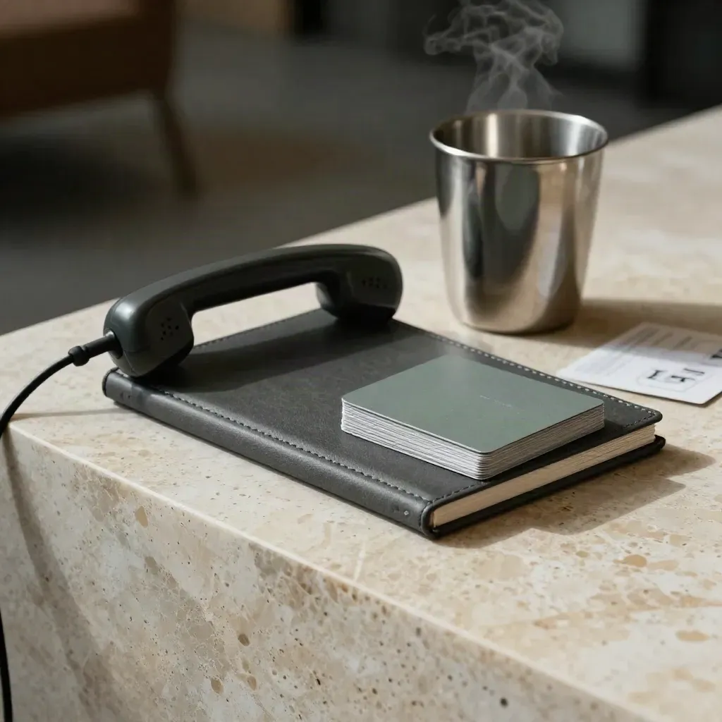 Bundle di prospecting con notebook, telefono e card su travertino, luce morbida.