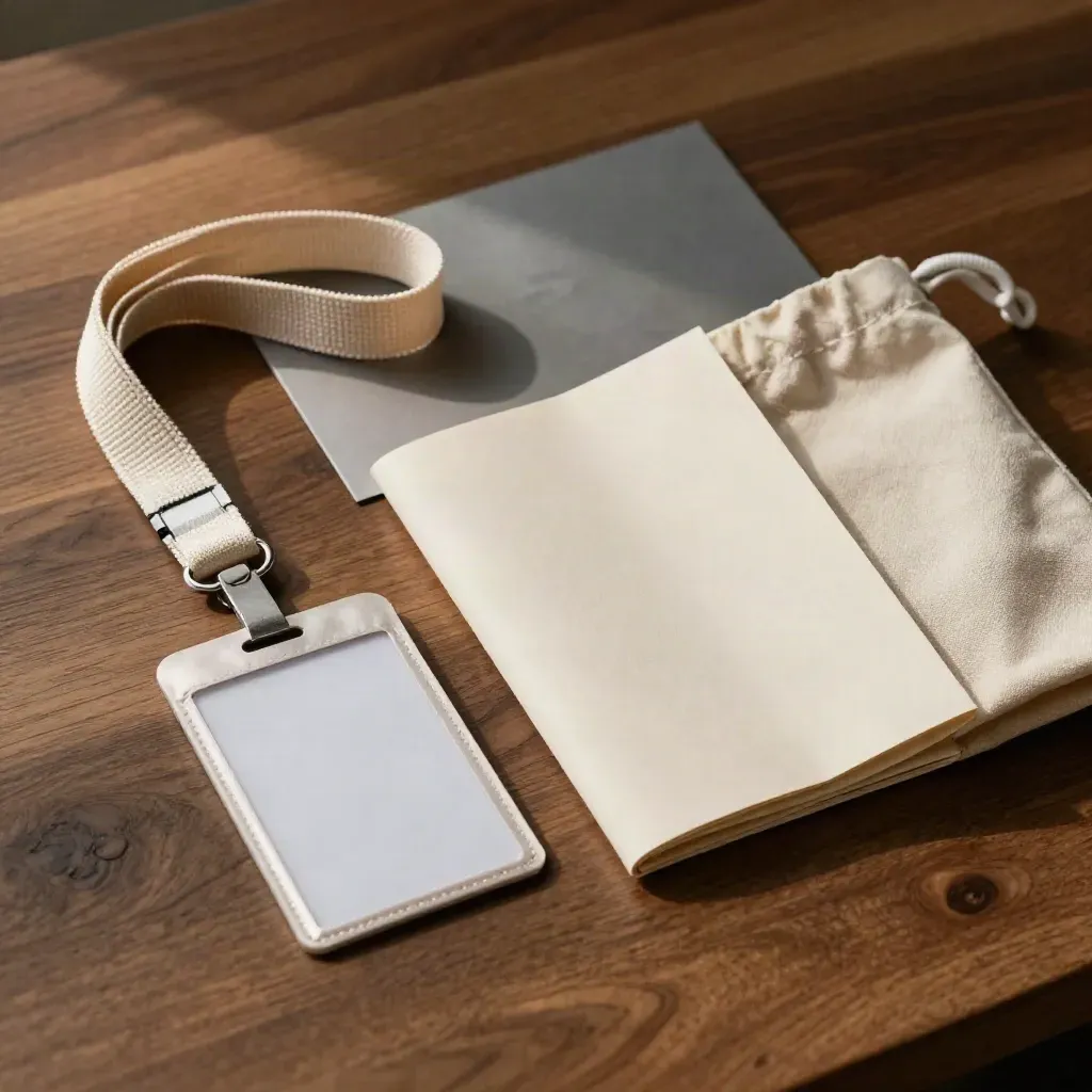 Kit per fiera con laccetto, badge, espositore piegato e borsa su tavolo di legno.