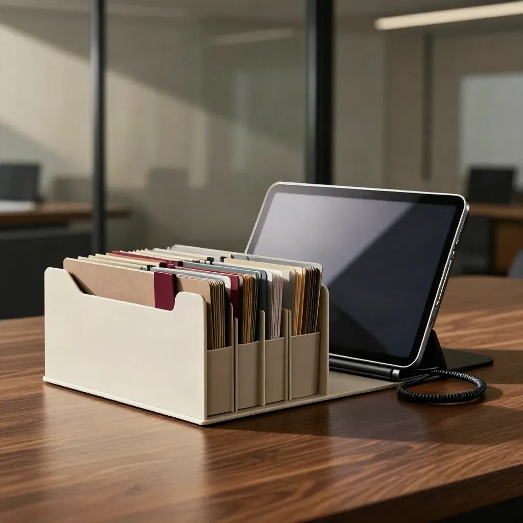 Kit CRM con tablet, divisori modulari, schede colorate e cavo arrotolato su tavolo in noce.