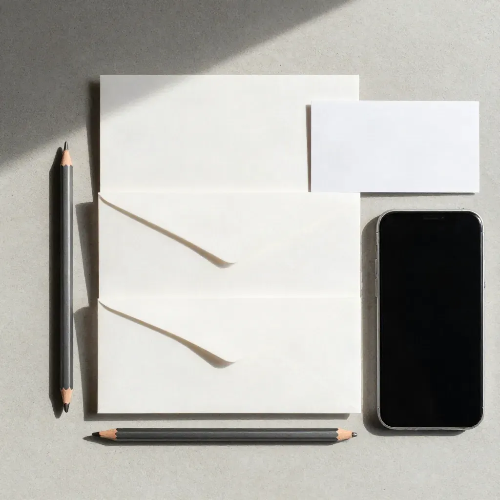 Flat lay dall’alto con tre blocchi di carta sfalsati, matita e smartphone capovolto su cemento chiaro.