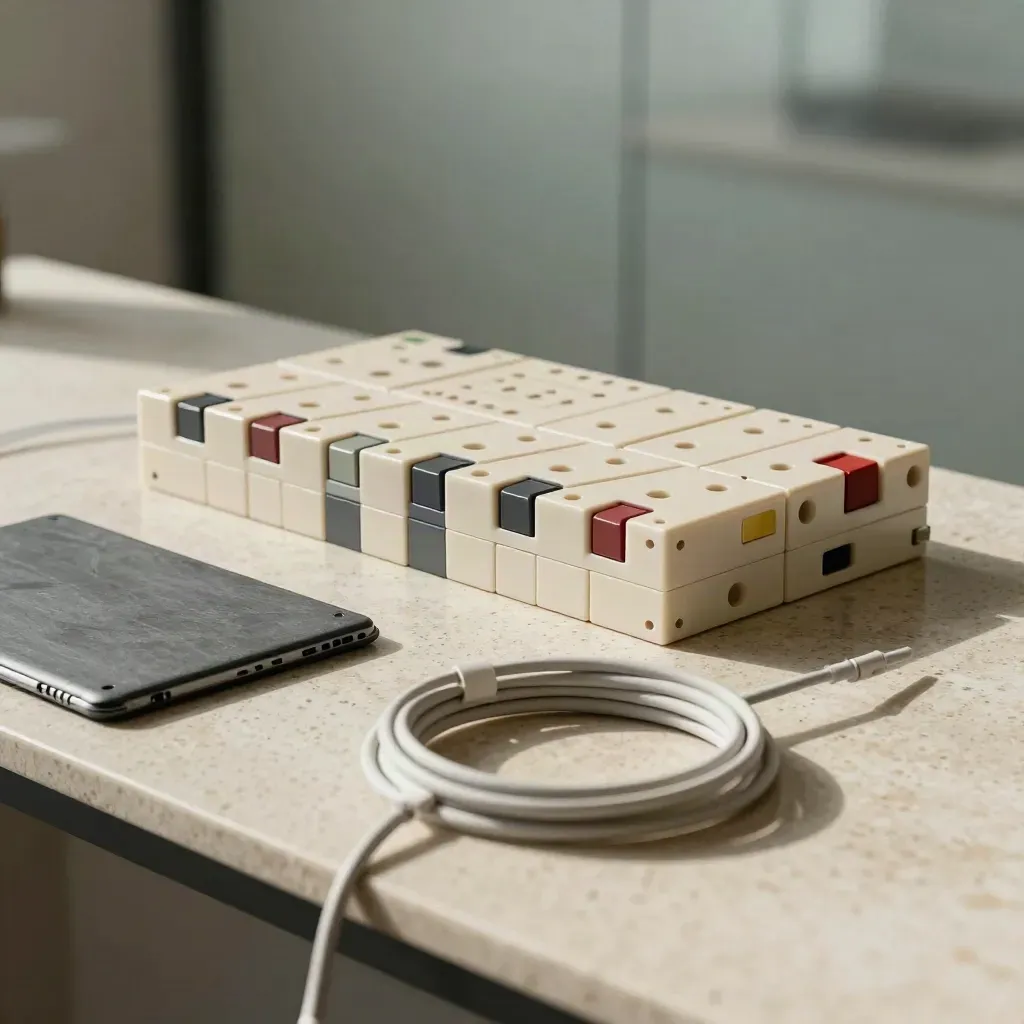 Moduli CRM, tablet chiuso e cavo arrotolato su console in travertino, luce morbida.