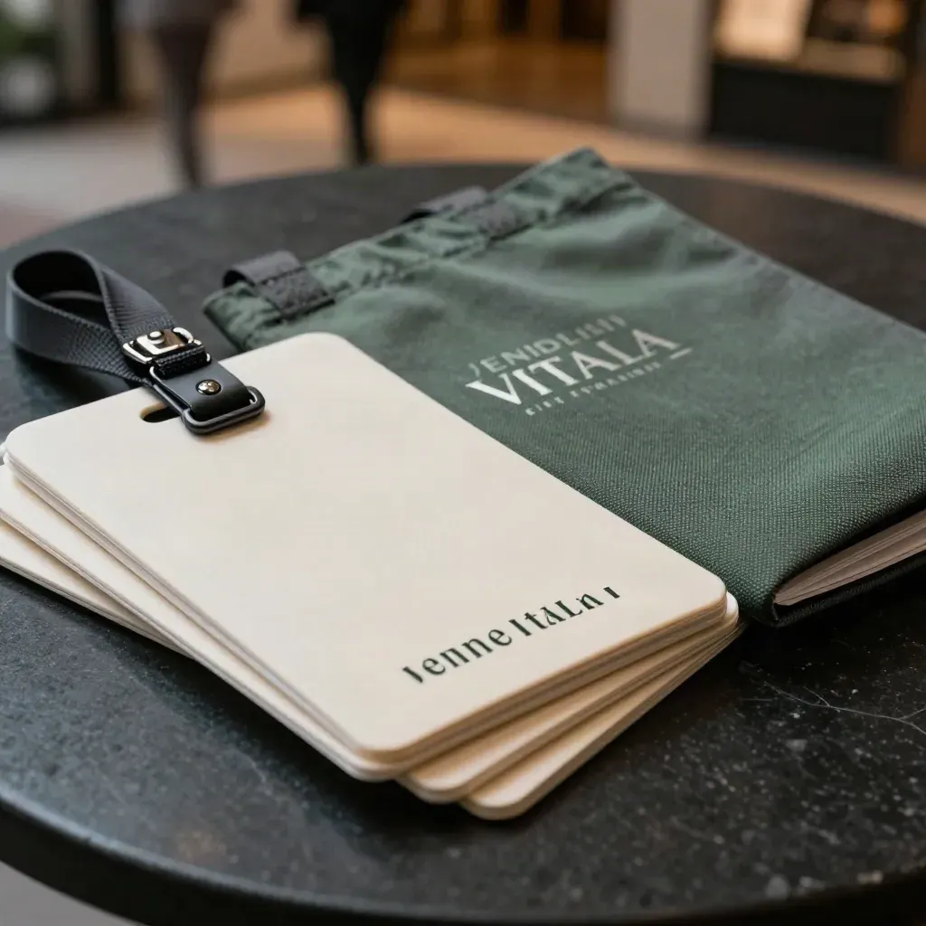 Kit eventi A4 con porta badge, laccetti piegati e tote compatta su sfondo scuro.