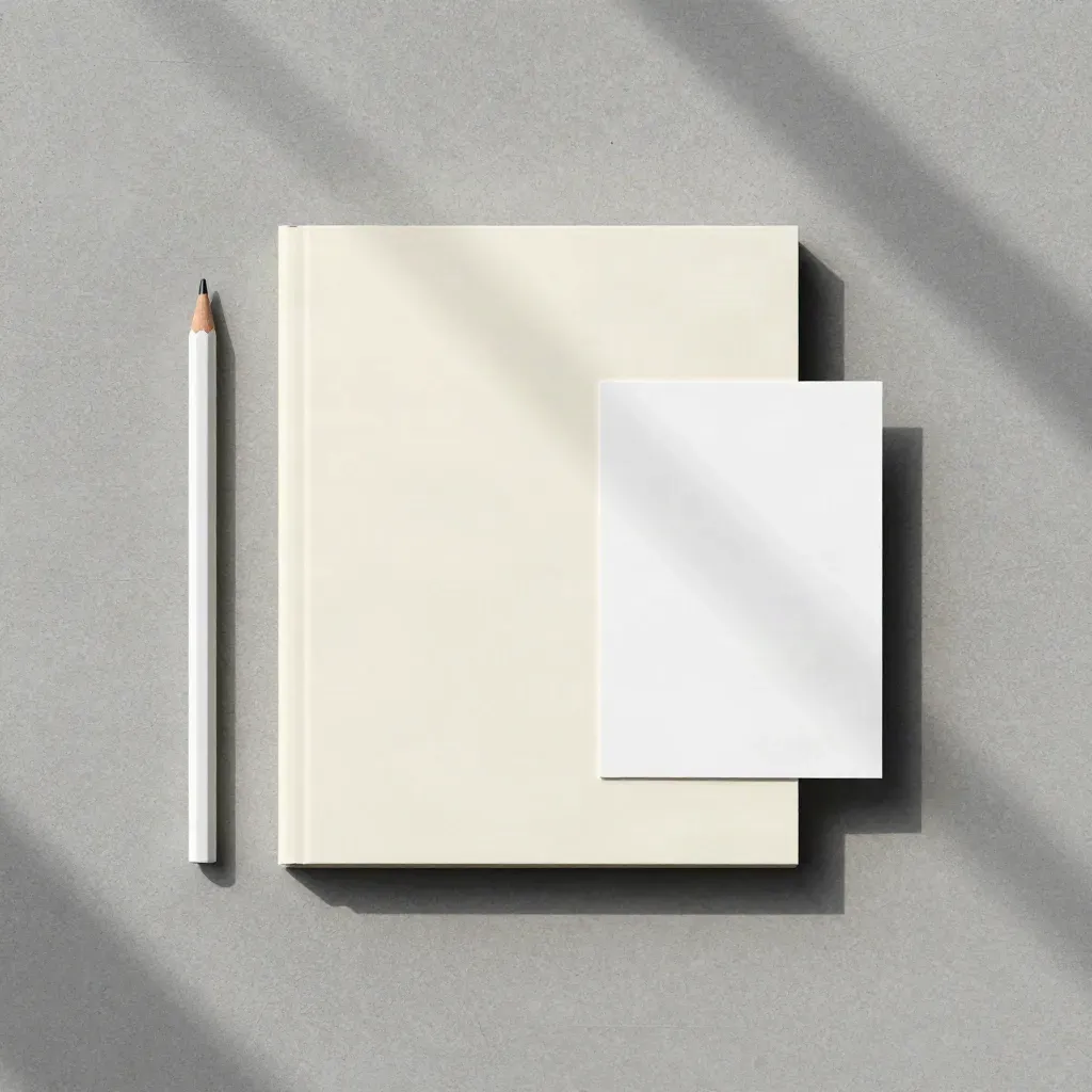 Flat lay di fogli per copy bilingue con matita e scheda piegata su cemento chiaro