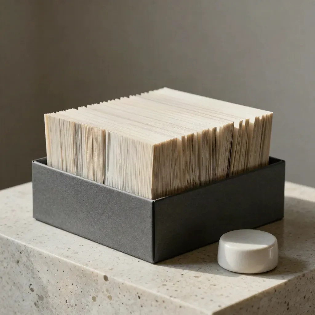Scatola mensile di servizi vendita con cartellina e fermacarte in ceramica su base di travertino.
