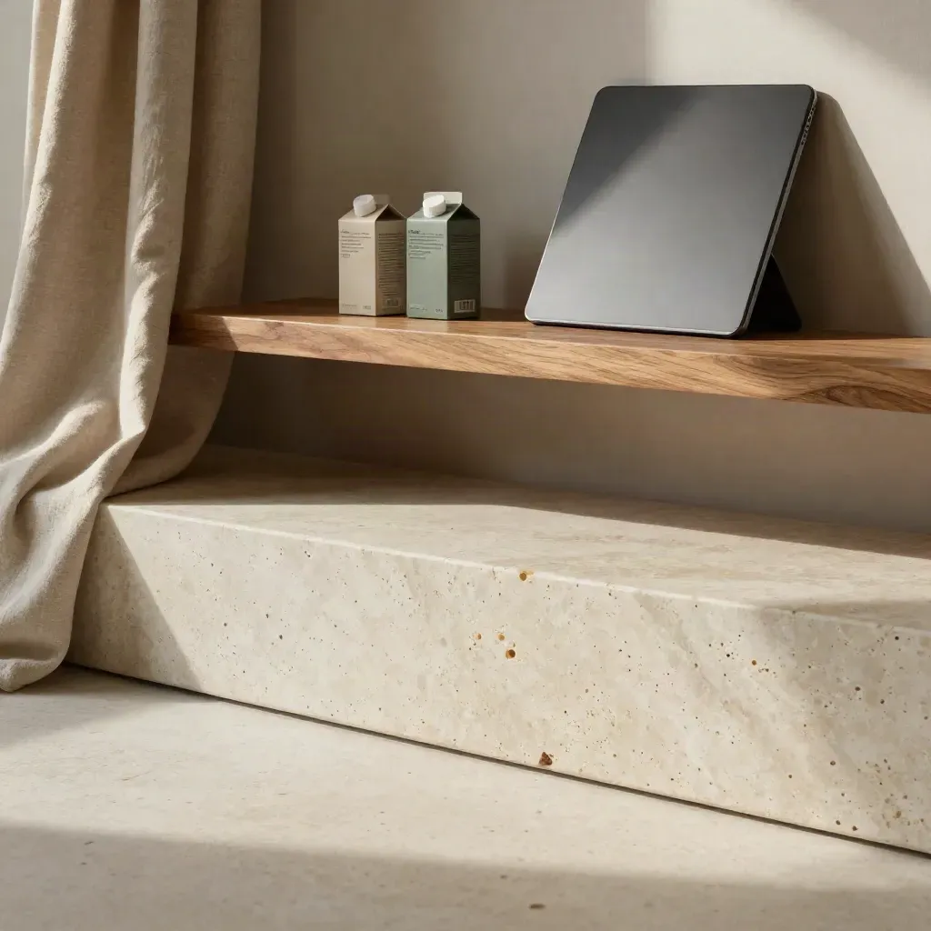 Leda in travertino con lino, legno chiaro e campioni neutri in una loft milanese luminosa.