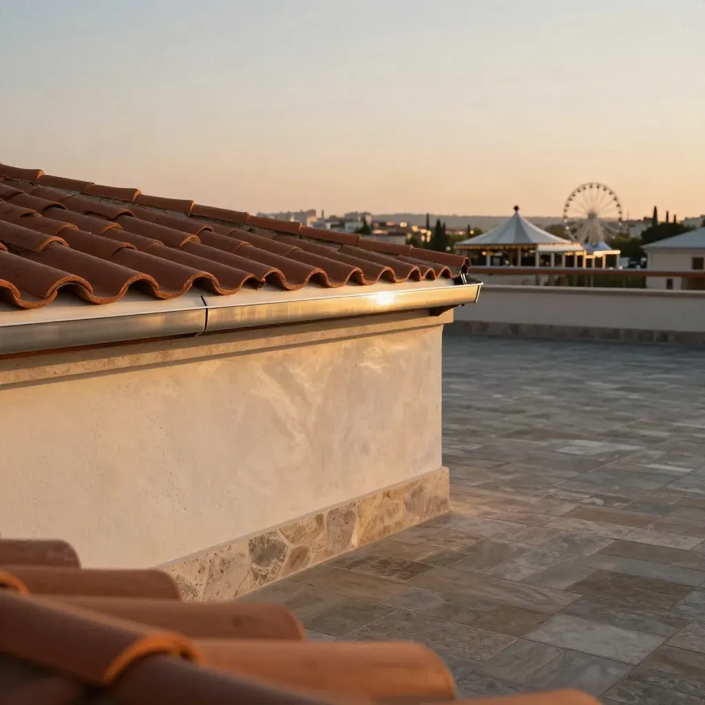 Terrazza sul tetto al tramonto con tetti in terracotta e padiglioni fieristici lontani.