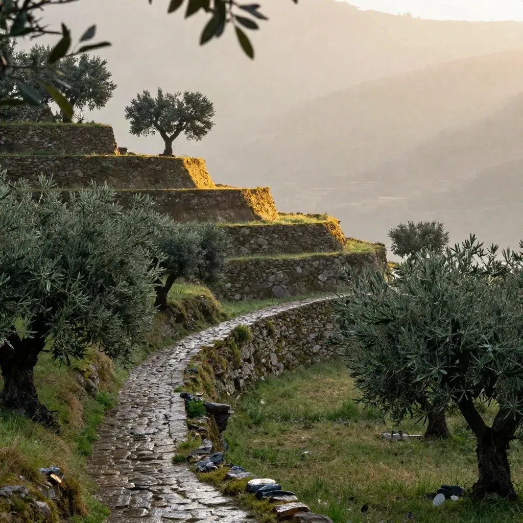 Collina di ulivi terrazzati dopo la pioggia, sentiero in pietra e foschia dorata sul crinale.