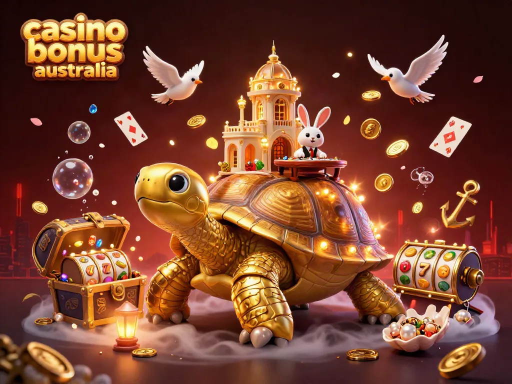 Engage with top casino bonus australia visual featuring a golden tortoise casino and rabbit dealer.
