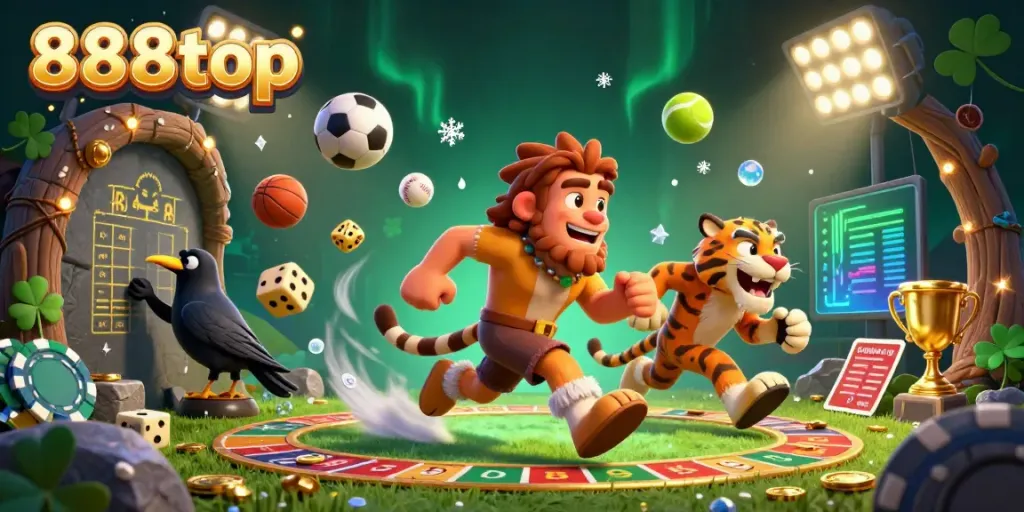 Experience thrilling gaming action at 888top with a lively prehistoric casino featuring a caveman and sabertooth tiger duo.