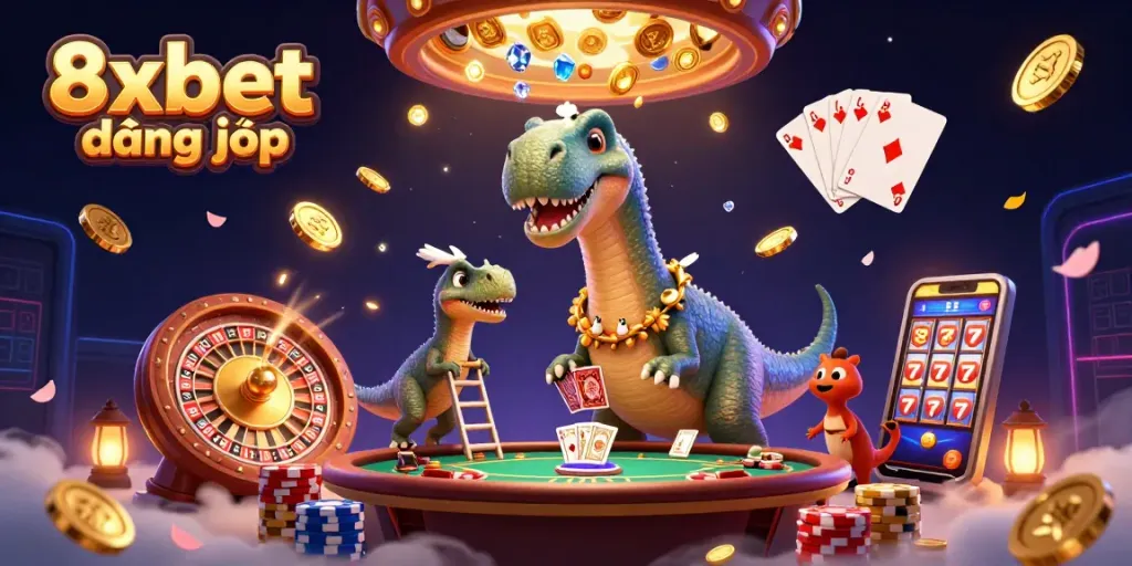 Experience the thrill of 8xbet đăng nhập; a vibrant casino scene with a playful dinosaur and dynamic gaming elements.