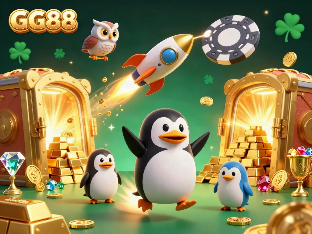 Engage with GG88's vibrant 3D casino world as the golden penguin flies towards jackpot treasures.