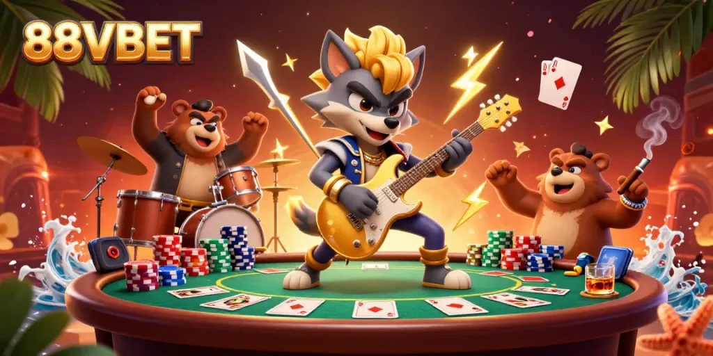 Experience thrilling casino action with 88VBET featuring rock star wolf and vibrant poker elements.