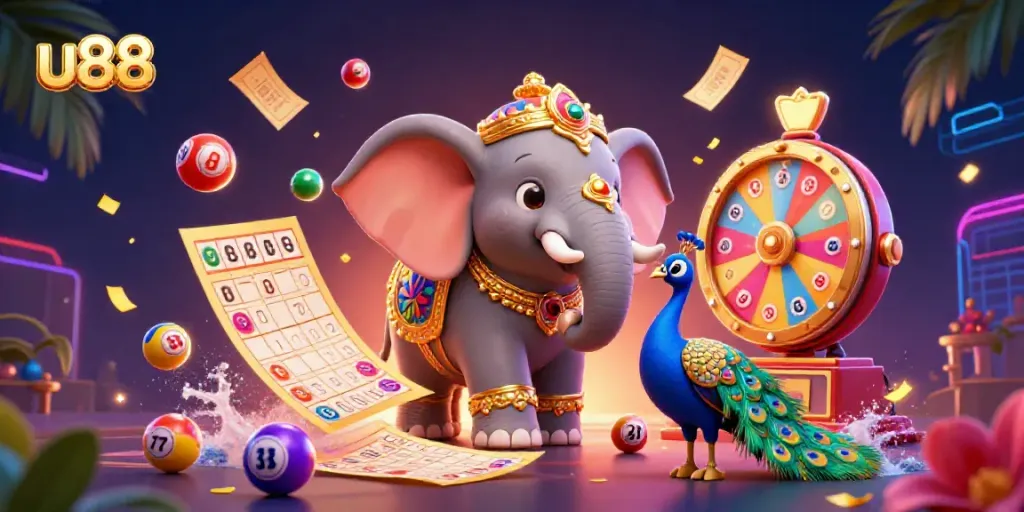 Play exciting games at u88 with vibrant energies and dynamic illustrations of lottery elements, appealing to gamblers.