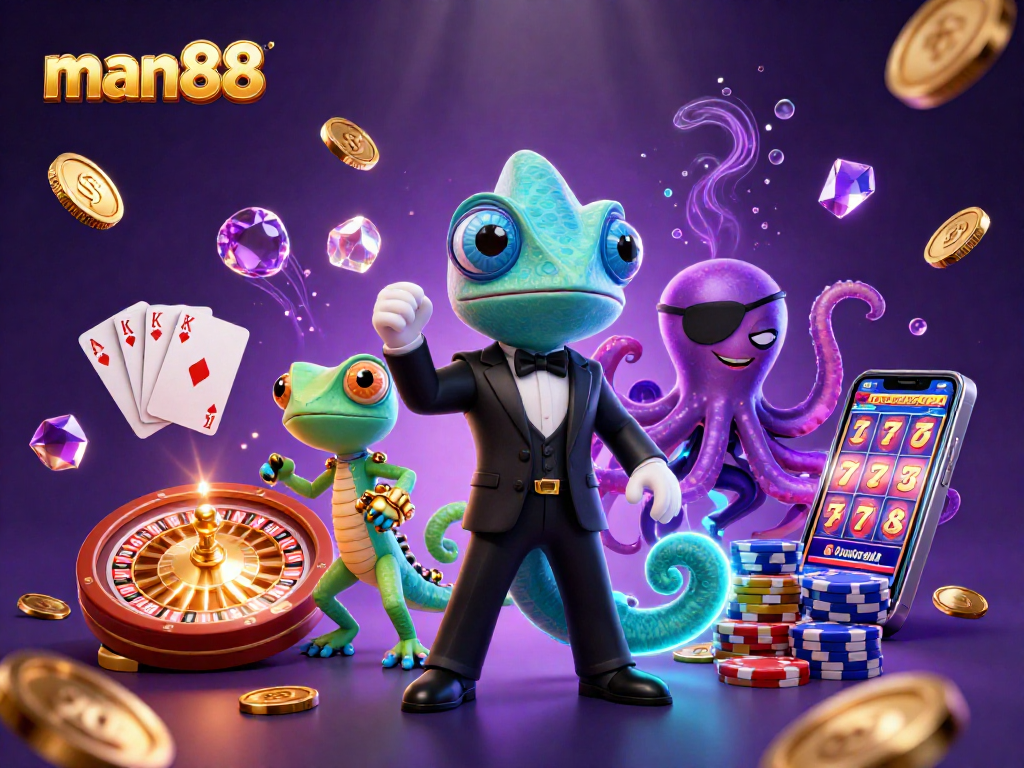 Experience excitement at man88 with a colorful casino scene featuring thrilling characters and dynamic game elements.