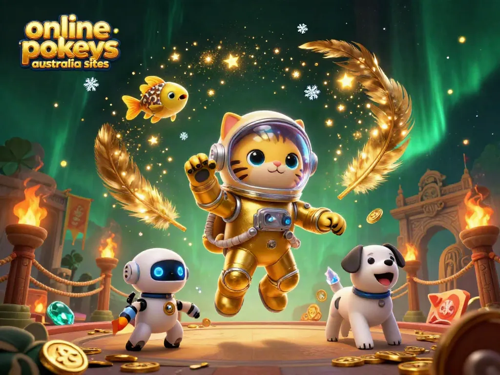Engaging scene of online pokies Australia sites featuring a space astronaut cat and robot dog amidst vibrant casino elements.